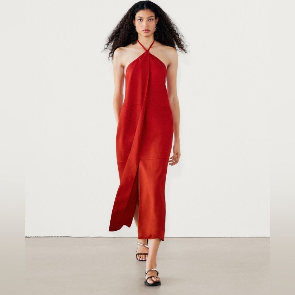 NWT Massimo‎ Dutti Halter Midi Dress Open Back Pleated Detail Red Large